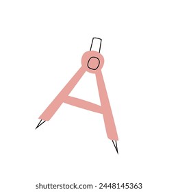 Pencil compass vector illustration in doodle style, pink colors. Vector illustration with outline and color elements, trendy style. 