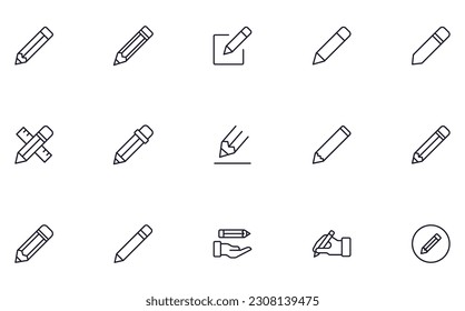Concepto de lápiz. Colección de iconos modernos de línea de lápiz de alta calidad. Trazo editable. Símbolo lineal premium para sitios web, volantes, banners, tiendas online y empresas. 
