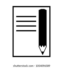 Pencil and copybook icon. Classical wooden pencil and notes with text. Vector Illustration