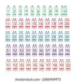 Pencil Counting Numbers 1 to 50 Vector Set - Modular Educational Outline Graphic for Kids Math, Primary School, and Learning Resources.