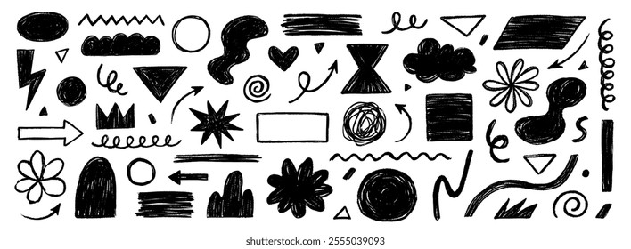 Pencil crayon brush line stroke. Brush crayon pencil chalk texture effect doodle shape. Vector hand drawn marker stroke background set of abstract design graphic figure. Vector illustration