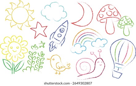 pencil crayon hand drawn icon background . Cute school sketch. Color cloud, house, flower, rainbow sun, star. Vector kid pencil illustration. Cute crayon child doodle illustration
