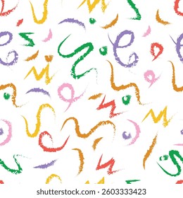 Pencil crayon kid seamless pattern child. Hand-drawn color crayon background fun scribble shape. Circle, confetti, line seamless pattern vector illustration.