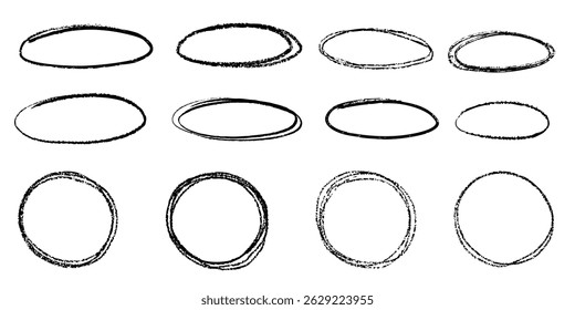  Pencil crayon line circles in simple hand drawn grunge textured style collection. Chalk sketch doodle check underline frames.