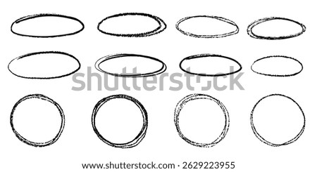  Pencil crayon line circles in simple hand drawn grunge textured style collection. Chalk sketch doodle check underline frames.