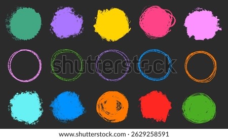 Pencil crayon line circles in simple hand drawn grunge textured style collection. Chalk sketch doodle check underline frames.