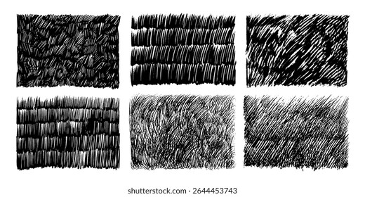 Pencil or crayon texture rectangles. Hand drawn vector cross hatch. Graphic grunge charcoal texture. Doodle pencil dashes, messy short pen lines. Rough crayon strokes. Crosshatch pattern collection.
