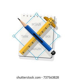 Pencil cross ruler with sketchbook. symbol of design. Personal Skills. Imagination and Mind Power concept - vector illustration