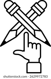 A pencil is crossed with another pencil, and a finger is pointing to the crossed pencils. The crossed pencils and finger suggest that the image is about writing or drawing