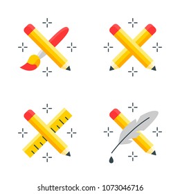 Pencil crossed with brush, pencil, ruler, feather flat style icons