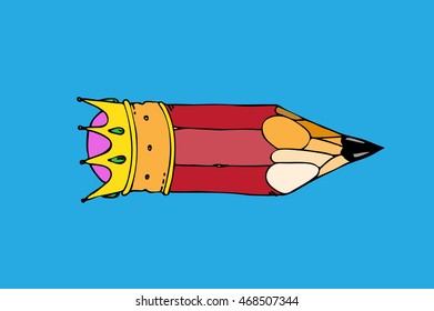 Pencil in crown. Hand drawn vector stock illustration.