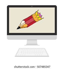 Pencil in crown on computer screen. Vector flat illustration. Isolated on white background
