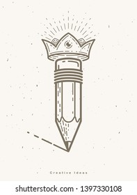 Pencil with crown, vector simple trendy logo or icon for designer or studio, creative king, royal design, linear style.