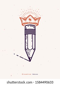 Pencil with crown, vector simple trendy logo or icon for designer or studio, creative king, royal design, linear style.