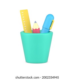 Pencil cup 3d realistic icon. Yellow ruler with pink sharpened pencil and blue pen. Convenient placement in green cup of items with quick creative application. Vector volumetric icon template