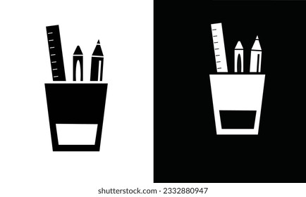 Vector de icono de la taza de lápiz, portador de bolígrafo. Icono de la olla de lápiz. Silueta de taza de pluma. Vector de icono de suministros escolares. De vuelta al concepto escolar. Icono de aprendizaje y educación. Vector plano en blanco y negro.