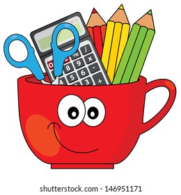 pencil cup with pencils, calculator and scissors