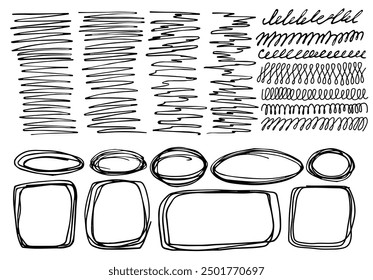 pencil curly lines, squiggles and shapes. Hand drawn vector pencil lines and doodles. Black charcoal or chalk drawing. Rough crayon strokes.