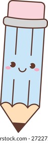 Pencil with cute face, blush cheeks, and eraser cap in clean line art cartoon. Symbol of creativity, study, and learning with friendly stationery character. Cartoon vector illustration.