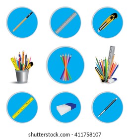 Pencil cutter and eraser with ruler for icon isolated on white background. Object tool icon design.