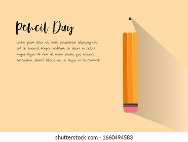 Pencil Day background, card, poster, banner cartoon hand drawn style flat vector design illustrations. Concept of big pencil icon symbol with with shadow for education.