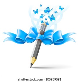 Pencil decorated by bow on white background. EPS10 vector illustration, gradient mesh and transparent objects used