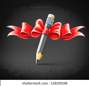 pencil decorated by bow on grunge background vector illustration gradient mesh used