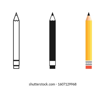 Pencil in different designs. Pencil with Rubber eraser, isolated on White background. Pencil with rubber eraser in modern simple flat design. Pencils vector icons. Vector illustration