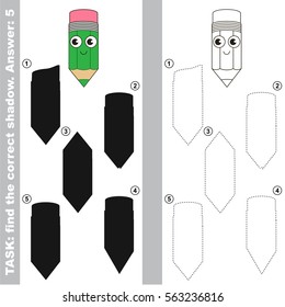 Pencil with different shadows to find the correct one, compare and connect object with it true shadow, the educational kid game with simple gaming level.