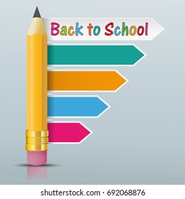 Pencil with direction arrows and text "Back to School". Eps 10 vector file.