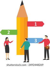 pencil direction sign on different road, destination, Solution, choice of direction, travel to choice of different places, Vector illustration in flat cartoon style.
