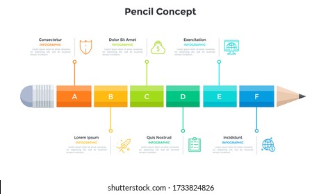 Pencil divided into 6 colorful parts. Concept of six features or characteristics of school education system. Simple infographic design template. Modern flat vector illustration for presentation.