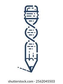 Pencil with DNA strand vector simple linear icon, science biotechnology line art symbol, biology research and solutions.