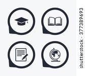 Pencil with document and open book icons. Graduation cap and geography globe symbols. Learn signs. Flat icon pointers.