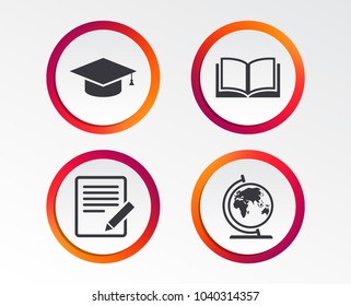 Pencil with document and open book icons. Graduation cap and geography globe symbols. Learn signs. Infographic design buttons. Circle templates. Vector