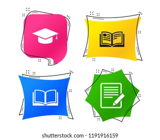 Pencil with document and open book icons. Graduation cap symbol. Higher education learn signs. Geometric colorful tags. Banners with flat icons. Trendy design. Vector