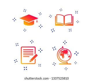 Pencil with document and open book icons. Graduation cap and geography globe symbols. Learn signs. Random dynamic shapes. Gradient book icon. Vector