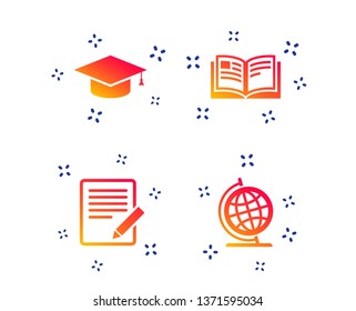 Pencil with document and open book icons. Graduation cap and geography globe symbols. Learn signs. Random dynamic shapes. Gradient education icon. Vector