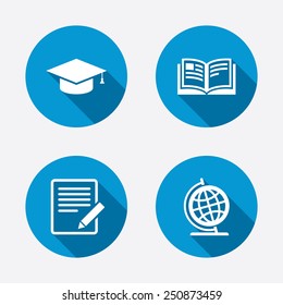 Pencil with document and open book icons. Graduation cap and geography globe symbols. Learn signs. Circle concept web buttons. Vector