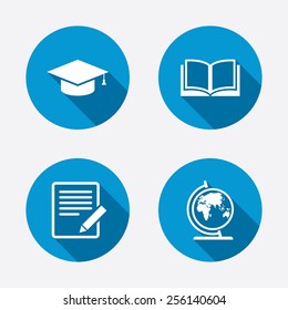 Pencil with document and open book icons. Graduation cap and geography globe symbols. Learn signs. Circle concept web buttons. Vector