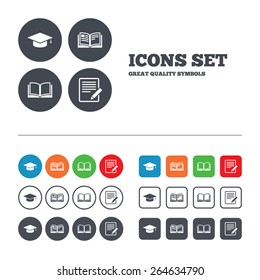 Pencil with document and open book icons. Graduation cap symbol. Higher education learn signs. Web buttons set. Circles and squares templates. Vector