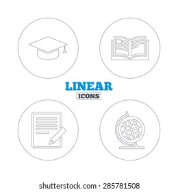 Pencil with document and open book icons. Graduation cap and geography globe symbols. Learn signs. Linear outline web icons. Vector