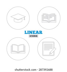 Pencil with document and open book icons. Graduation cap symbol. Higher education learn signs. Linear outline web icons. Vector
