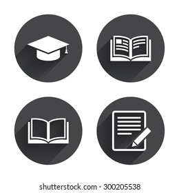 Pencil with document and open book icons. Graduation cap symbol. Higher education learn signs. Circles buttons with long flat shadow. Vector
