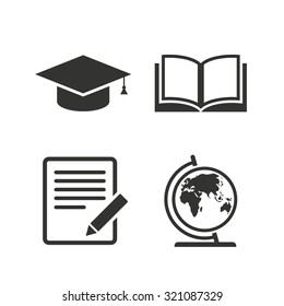 Pencil with document and open book icons. Graduation cap and geography globe symbols. Learn signs. Flat icons on white. Vector