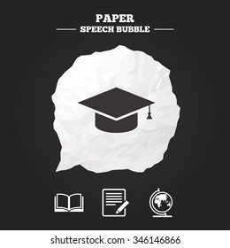 Pencil with document and open book icons. Graduation cap and geography globe symbols. Learn signs. Paper speech bubble with icon.