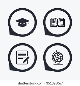 Pencil with document and open book icons. Graduation cap and geography globe symbols. Learn signs. Flat icon pointers.