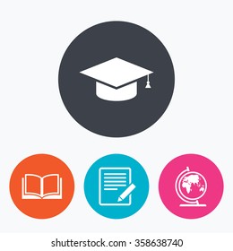 Pencil with document and open book icons. Graduation cap and geography globe symbols. Learn signs. Circle flat buttons with icon.