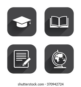 Pencil with document and open book icons. Graduation cap and geography globe symbols. Learn signs. Square flat buttons with long shadow.