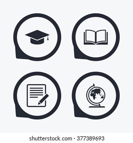 Pencil with document and open book icons. Graduation cap and geography globe symbols. Learn signs. Flat icon pointers.